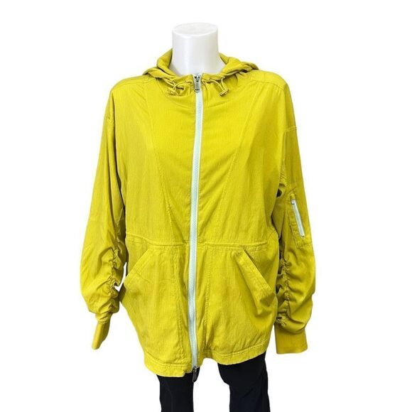 Free People Run Wild Yellow Full Zip Hooded‎ Jacket crochet oversized sz small - Picture 1 of 9